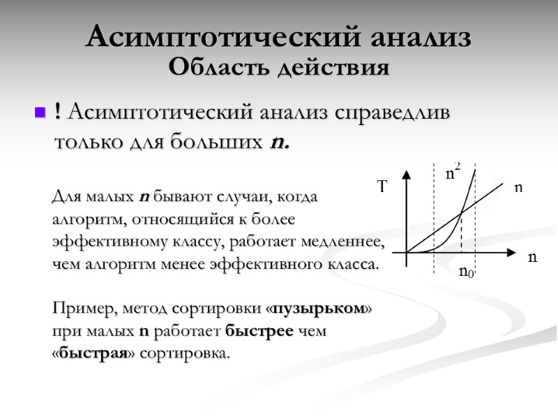 Асимптотический анализ Область действия ! Асимптотический анализ справедлив только для больших n. Для малых